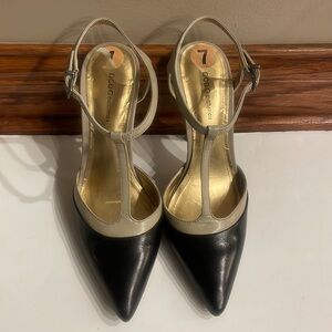 BCBGeneration leather T strap sling back two tone heels pointed toe size 7